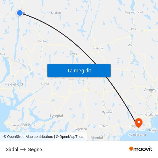 Sirdal to Søgne map