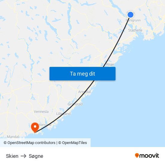 Skien to Søgne map