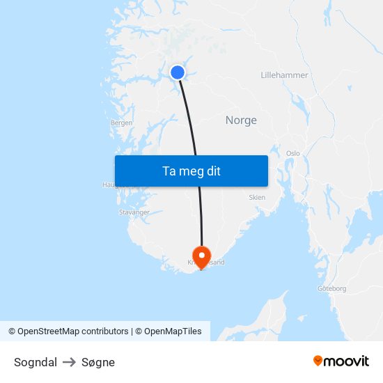 Sogndal to Søgne map