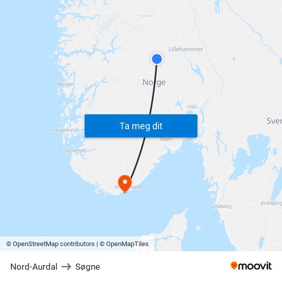 Nord-Aurdal to Søgne map