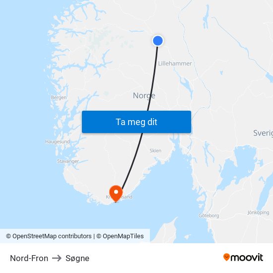 Nord-Fron to Søgne map