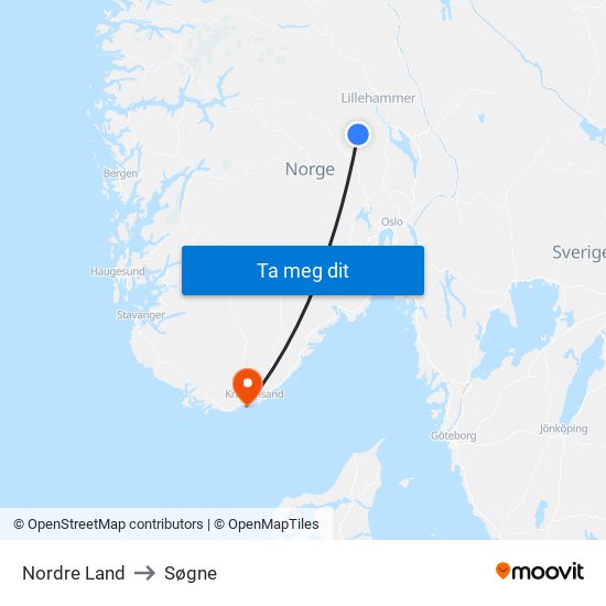 Nordre Land to Søgne map