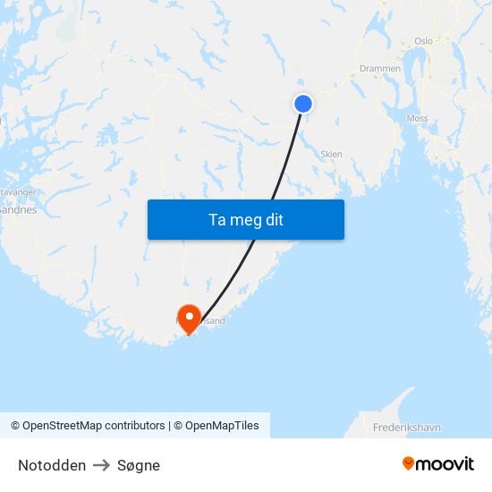 Notodden to Søgne map