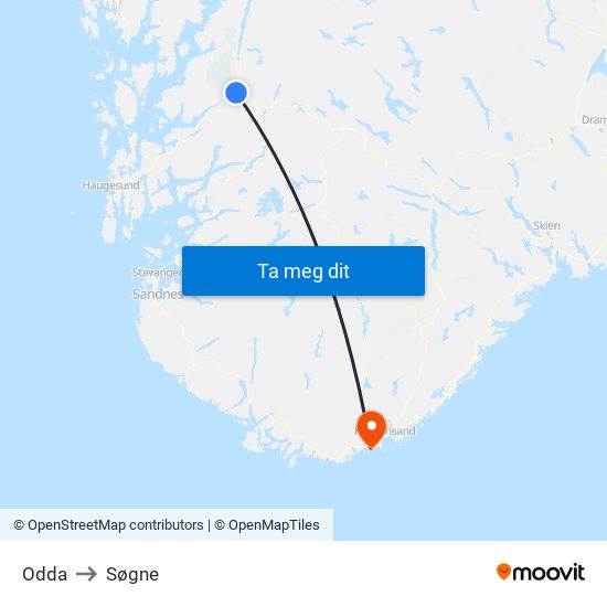 Odda to Søgne map