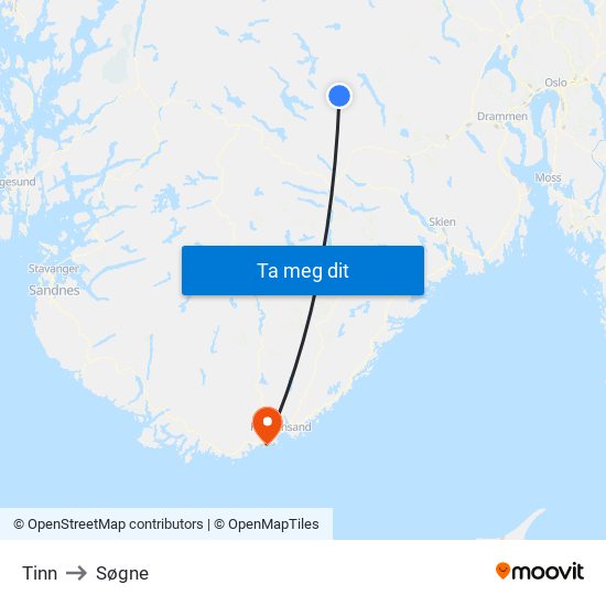 Tinn to Søgne map