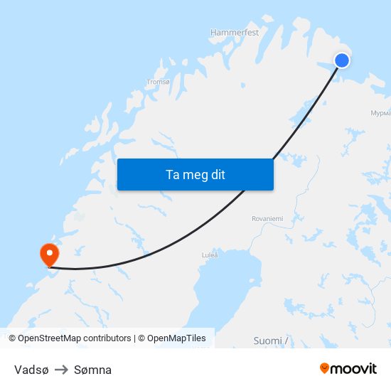 Vadsø to Sømna map