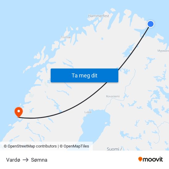 Vardø to Sømna map