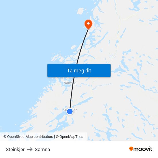 Steinkjer to Sømna map