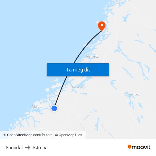 Sunndal to Sømna map