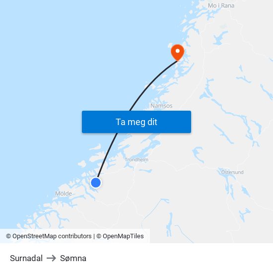 Surnadal to Sømna map