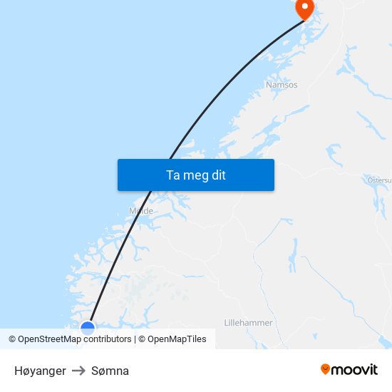 Høyanger to Sømna map