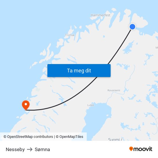 Nesseby to Sømna map
