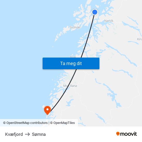 Kvæfjord to Sømna map