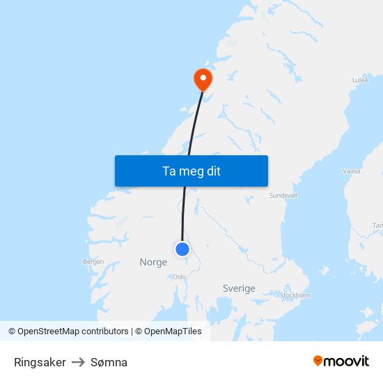 Ringsaker to Sømna map