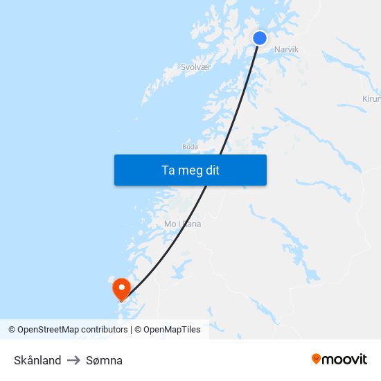 Skånland to Sømna map