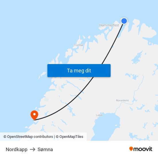 Nordkapp to Sømna map