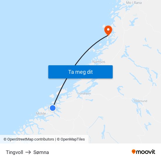 Tingvoll to Sømna map