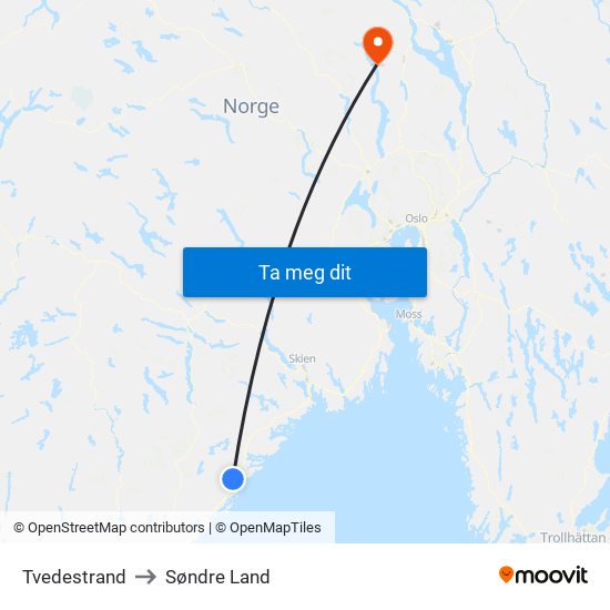 Tvedestrand to Søndre Land map