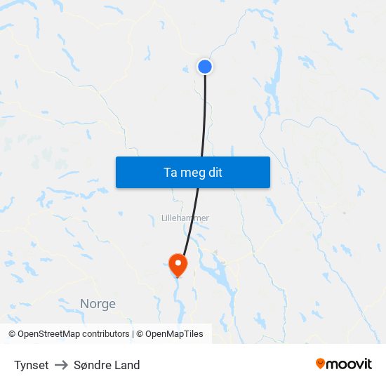 Tynset to Søndre Land map
