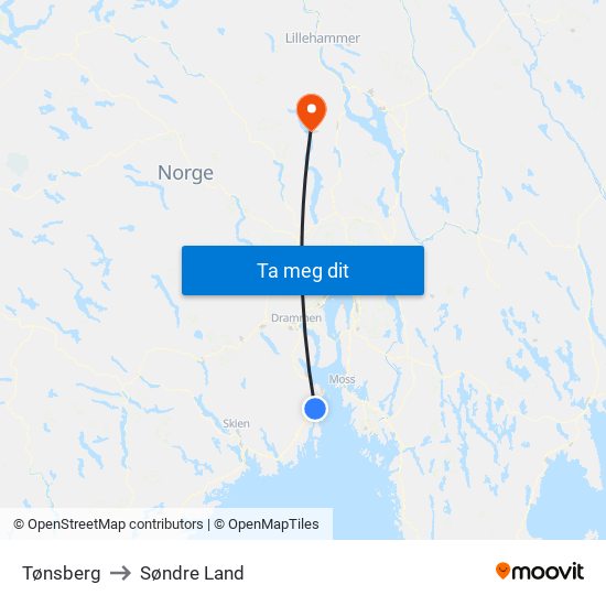 Tønsberg to Søndre Land map