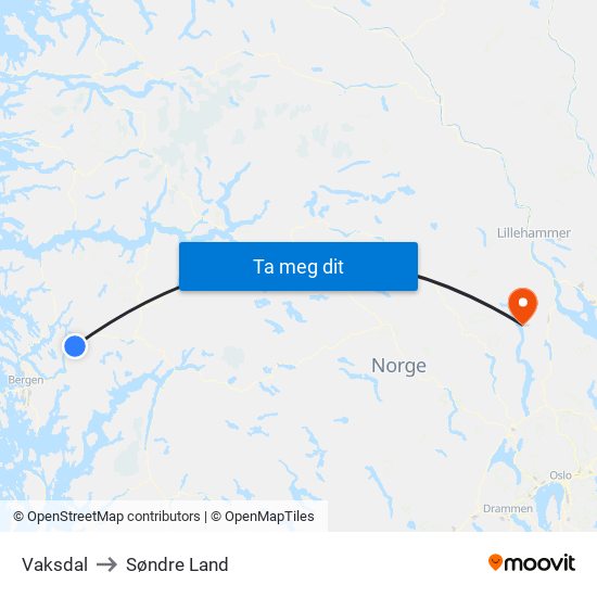 Vaksdal to Søndre Land map