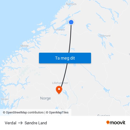 Verdal to Søndre Land map