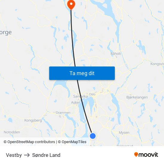 Vestby to Søndre Land map