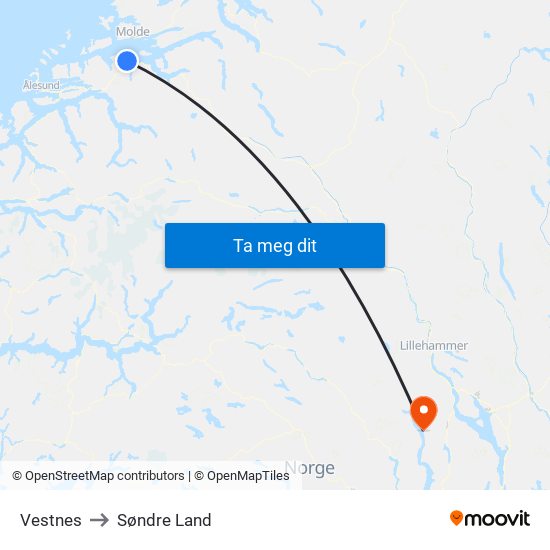 Vestnes to Søndre Land map