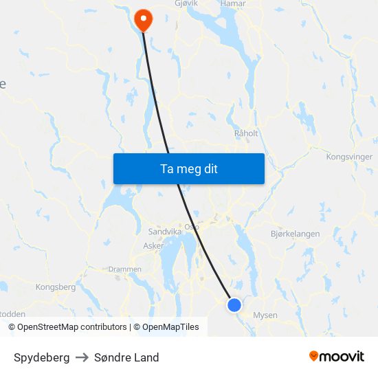 Spydeberg to Søndre Land map