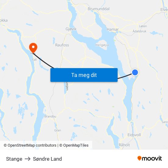 Stange to Søndre Land map