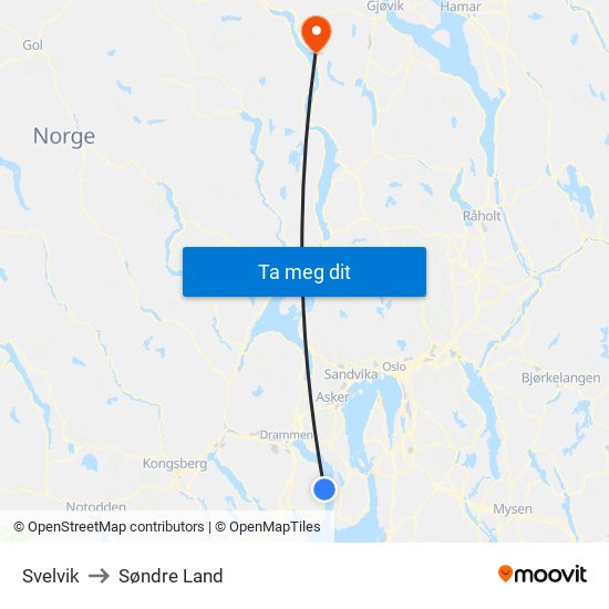 Svelvik to Søndre Land map