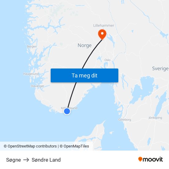 Søgne to Søndre Land map