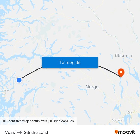 Voss to Søndre Land map