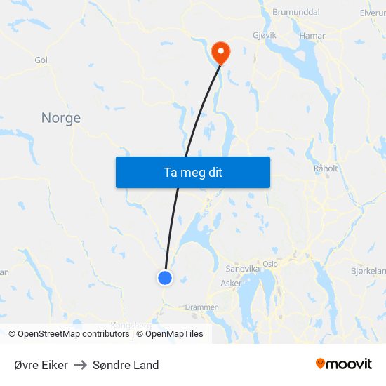 Øvre Eiker to Søndre Land map