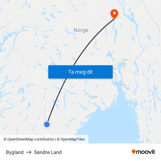 Bygland to Søndre Land map