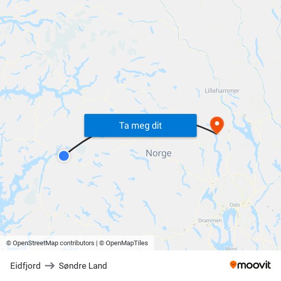 Eidfjord to Søndre Land map