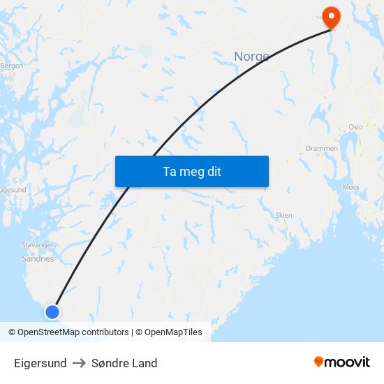 Eigersund to Søndre Land map