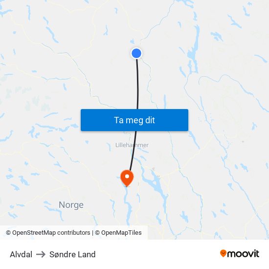 Alvdal to Søndre Land map