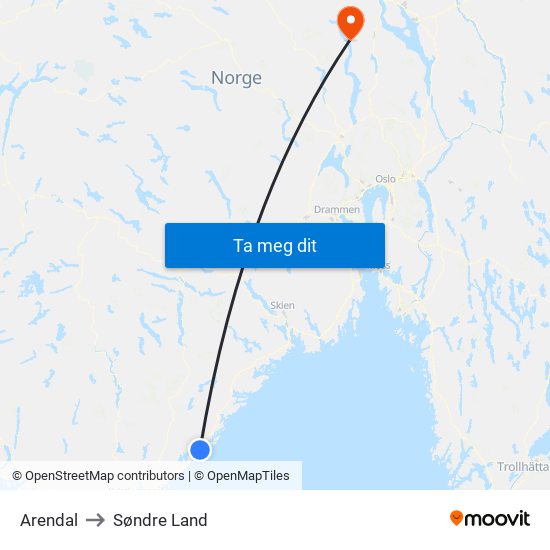 Arendal to Søndre Land map