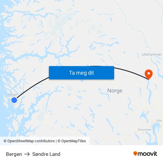 Bergen to Søndre Land map