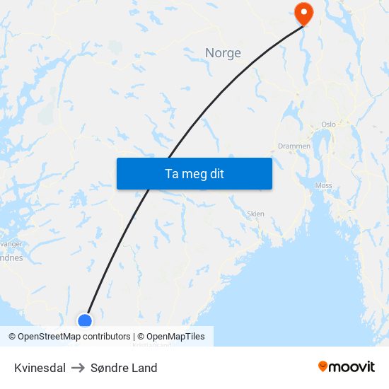 Kvinesdal to Søndre Land map