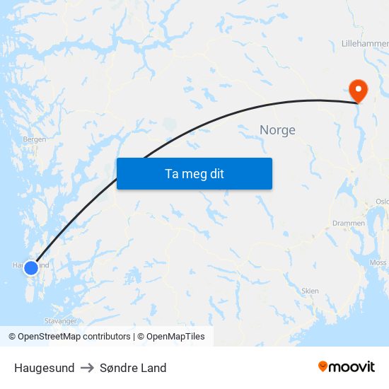 Haugesund to Søndre Land map