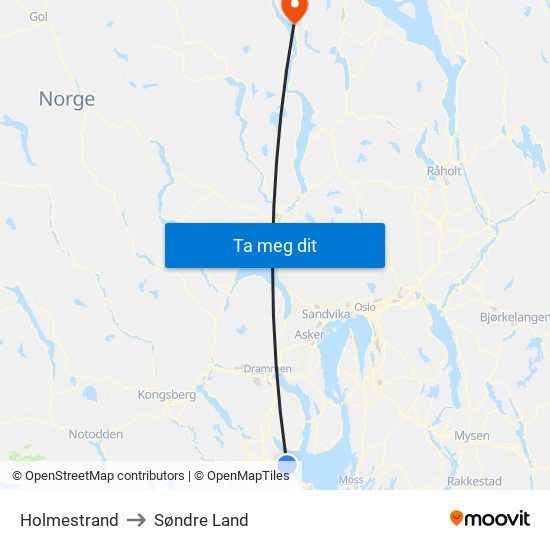 Holmestrand to Søndre Land map