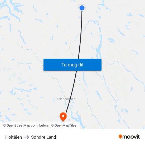 Holtålen to Søndre Land map