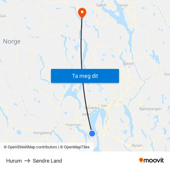 Hurum to Søndre Land map