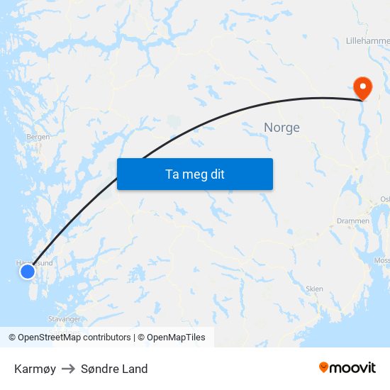 Karmøy to Søndre Land map