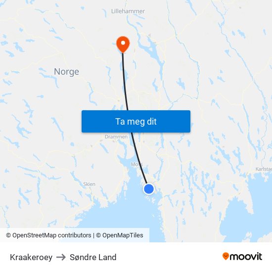 Kraakeroey to Søndre Land map