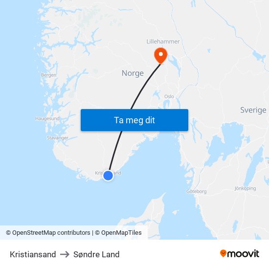 Kristiansand to Søndre Land map