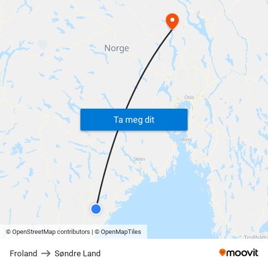 Froland to Søndre Land map