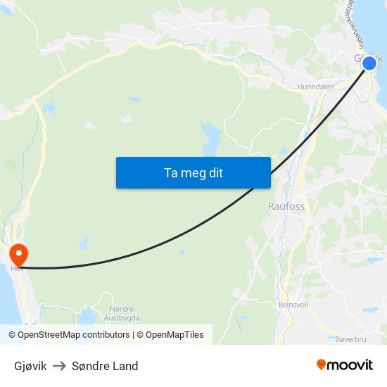 Gjøvik to Søndre Land map